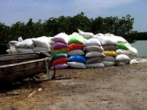 Rice bags at river